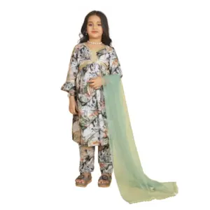 Girl's Maslin Embrodrery Lace Aliya Cut Top With Bottom Dupatta Set (Green)