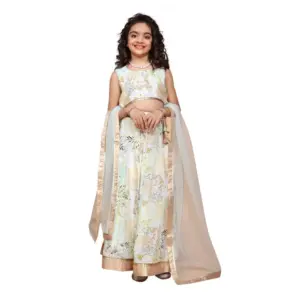 Girl's Chiffon Printed Lehenga Choli Set (Green)