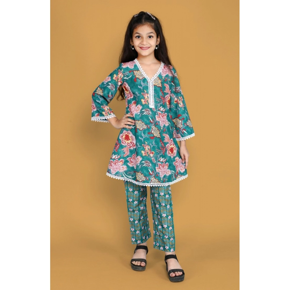 Girl's Silk Blend Floral Prinded Shiffli Lace Salwar Kameez Dupatta Set (Teal) - Image 3