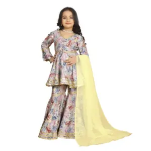 Girl's Maslin Embrodrery Lace Aliya Cut Top With Sharara Dupatta Set (Baby Pink)