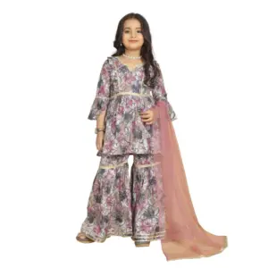 Girl's Maslin Embrodrery Lace Aliya Cut Top With Sharara Dupatta Set (Pink)