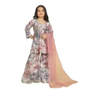 Girl's Maslin Embrodrery Lace Aliya Cut Top With Sharara Dupatta Set (Pink)