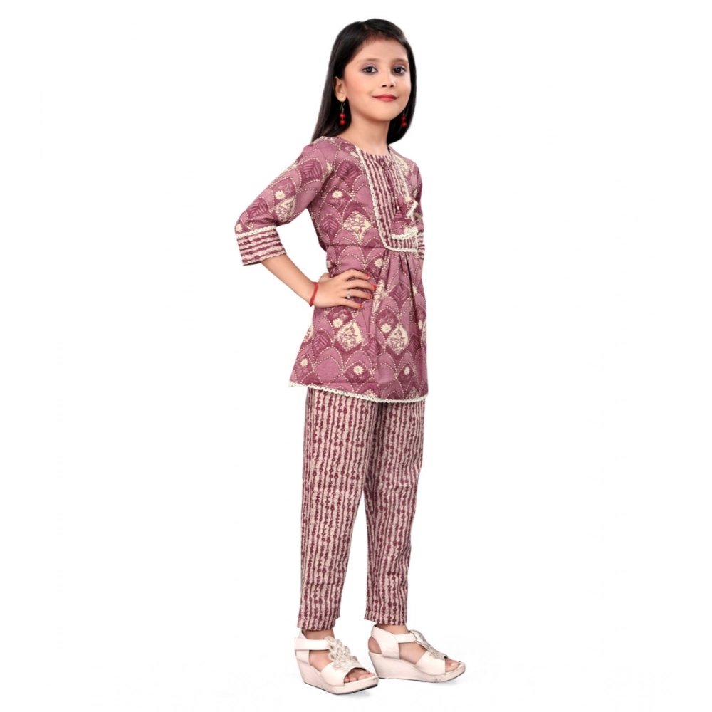 Girl's Cotton Printed Top With Bottom Set (Purple) - Image 4