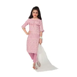 Girl's Cotton Printed Kurtis With Bottom Dupatta Set (Baby Pink)