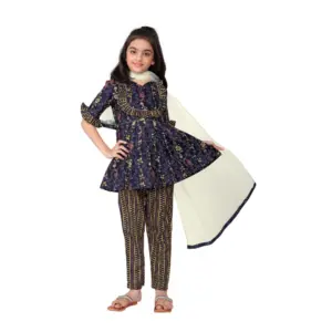 Girl's Cotton Printed Kurti With Bottom Dupatta Set (Dark Blue)