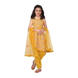 Girl's Cotton Printed Kurti With Bottom Dupatta Set (Yellow)