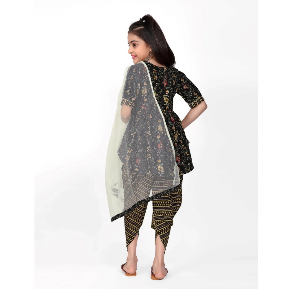 Girl's Cotton Printed Kurtis With Dhoti Dupatta Set (Black) - Image 3