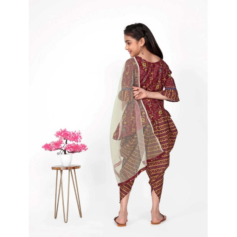 Girl's Cotton Printed Kurtis With Dhoti Dupatta Set (Maroon) - Image 3