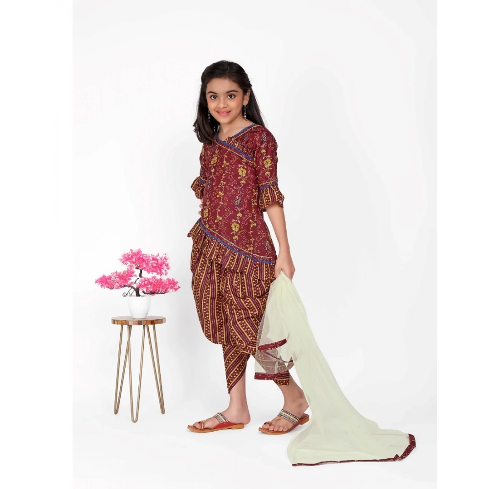 Girl's Cotton Printed Kurtis With Dhoti Dupatta Set (Maroon) - Image 5