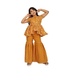 Girl's Cotton Rayon Printed Top And Sharara Set (Mustard)