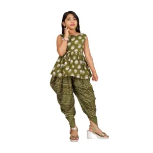 Girl's Cotton Rayon Printed Top And Dhoti With Dupatta Set (Green)