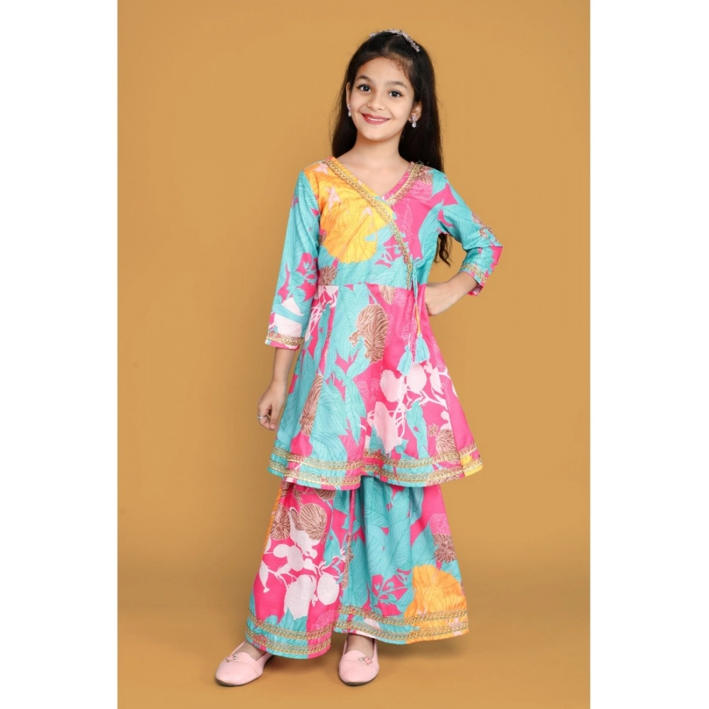 Girl's Rayon Printed Codding Lace Anarkali-Style Suit (Multicolor)