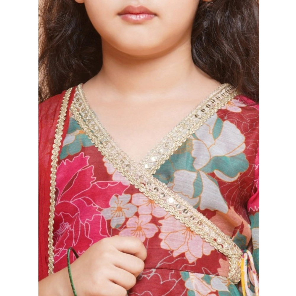 Girl's Rayon Printed Codding Lace Anarkali-Style Suit (Maroon) - Image 4