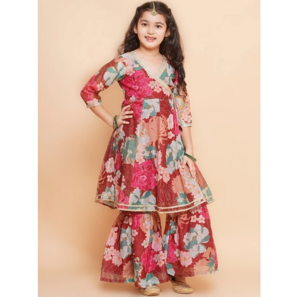 Girl's Rayon Printed Codding Lace Anarkali-Style Suit (Maroon) - Image 5