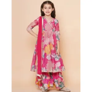 Girl's Rayon Printed Codding Lace Anarkali-Style Suit (Pink)
