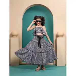 Girl's Maslin Printed Crop Top And Fleared Skirt Set (Grey)