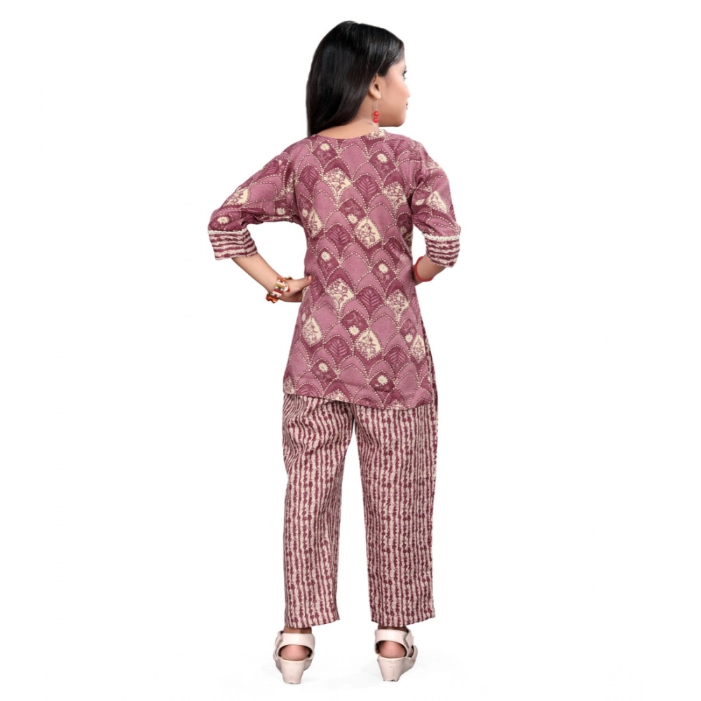 Girl's Cotton Printed Top With Bottom Set (Purple) - Image 5