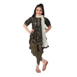 Girl's Cotton Printed Kurtis With Dhoti Dupatta Set (Black)