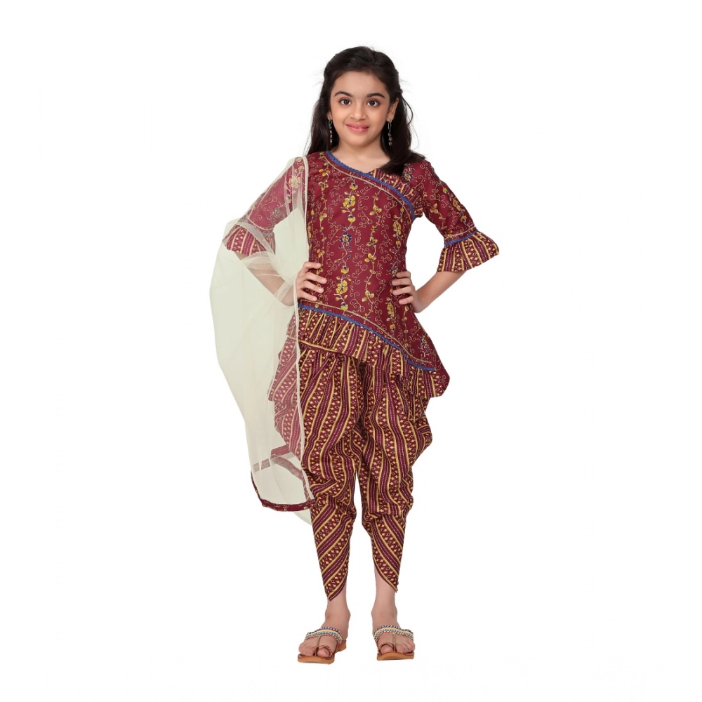 Girl's Cotton Printed Kurtis With Dhoti Dupatta Set (Maroon)