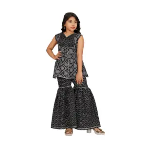 Girl's Cotton Rayon Printed Top And Sharara Set (Black)