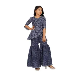 Girl's Cotton Rayon Printed Top And Sharara Set (Blue)