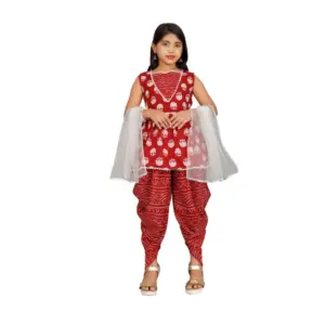 Girl's Cotton Rayon Printed Top And Dhoti With Dupatta Set (Maroon)