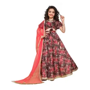 Girl's Chiffon Printed Lehenga Choli Set (Maroon)