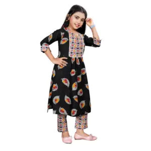 Girl's Reyon Printed Kurti And Pyjama Set (Black)