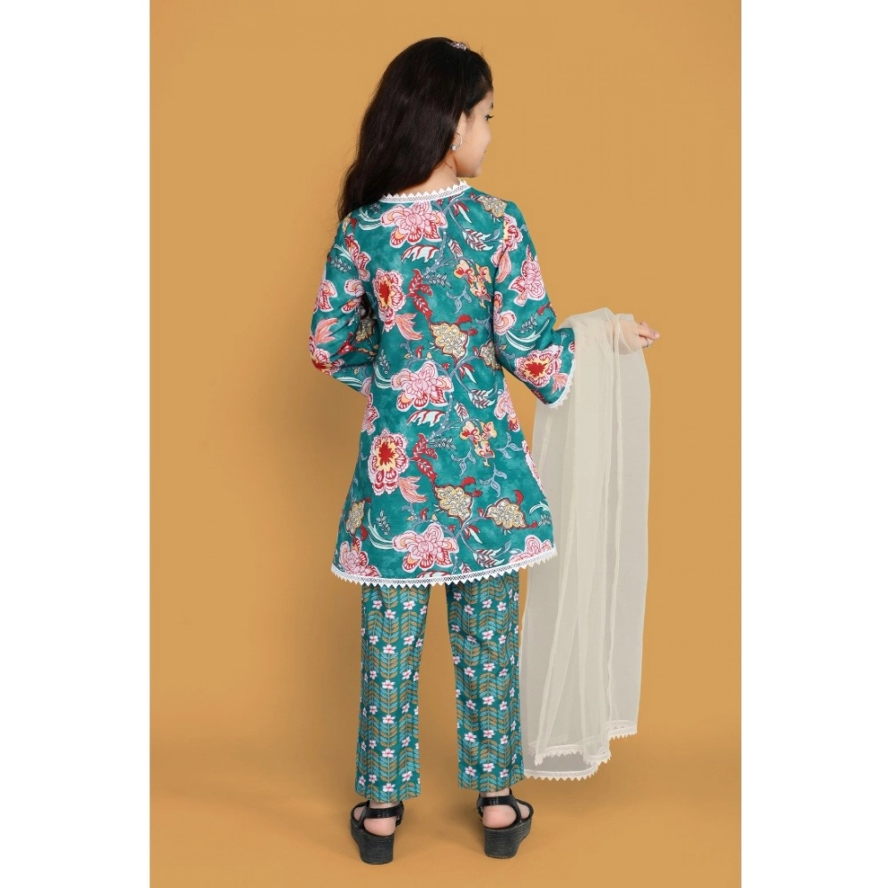 Girl's Silk Blend Floral Prinded Shiffli Lace Salwar Kameez Dupatta Set (Teal) - Image 4