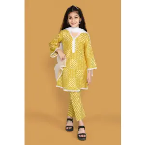 Girl's Silk Blend Floral Prinded Shiffli Lace Salwar Kameez Dupatta Set (Yellow)