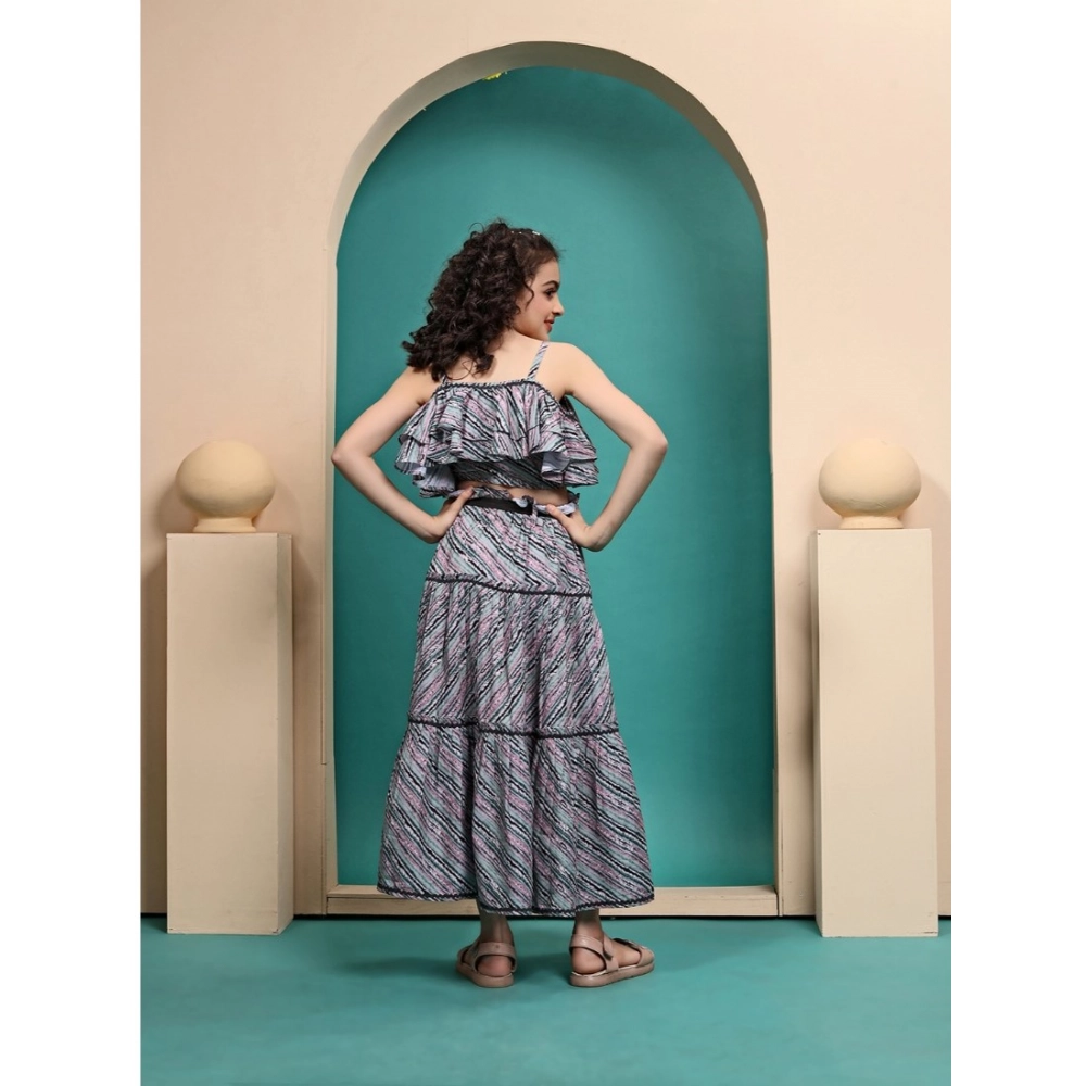Girl's Maslin Printed Crop Top And Fleared Skirt Set (Grey) - Image 5