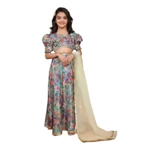 Girl's Chiffon Printed Lehenga Choli Set (Multicolor)