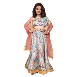 Girl's Chiffon Printed Lehenga Choli Set (Blue)