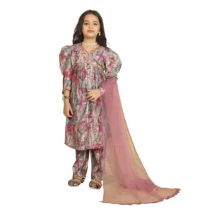 Girl's Maslin Embrodrery Lace Aliya Cut Top With Bottom Dupatta Set (Multicolor)