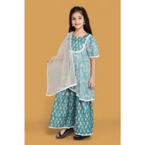 Girl's Silk Blend Floral Prinded Shiffli Lace Top Sharara Dupatta Set (Teal)