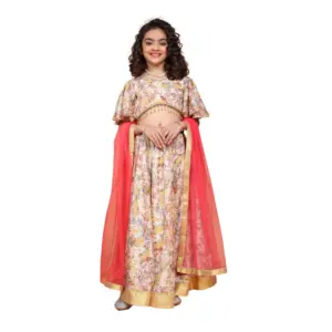 Girl's Chiffon Printed Lehenga Choli Set (Beige)