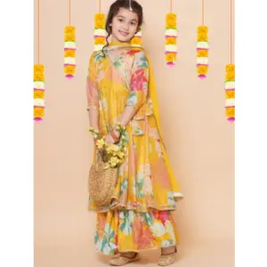 Girl's Rayon Printed Codding Lace Anarkali-Style Suit (Yellow)
