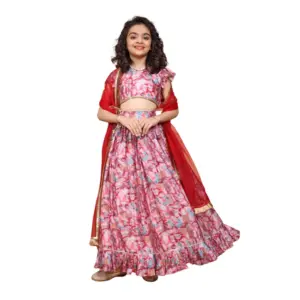 Girl's Chiffon Printed Lehenga Choli Set (Pink)