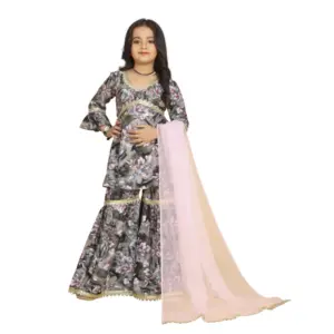 Girl's Maslin Embrodrery Lace Aliya Cut Top With Sharara Dupatta Set (Grey Pink)