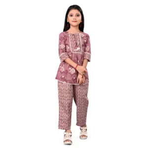 Girl's Cotton Printed Top With Bottom Set (Purple)