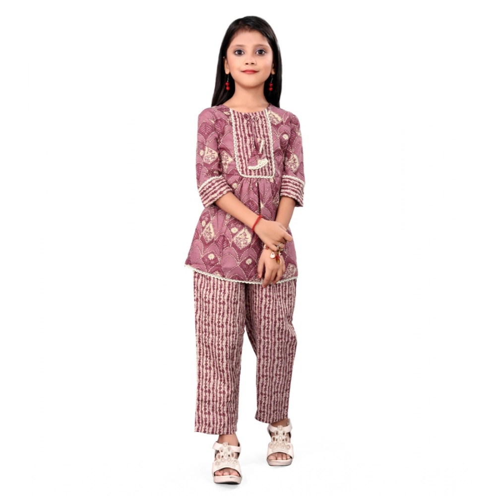 Girl's Cotton Printed Top With Bottom Set (Purple)