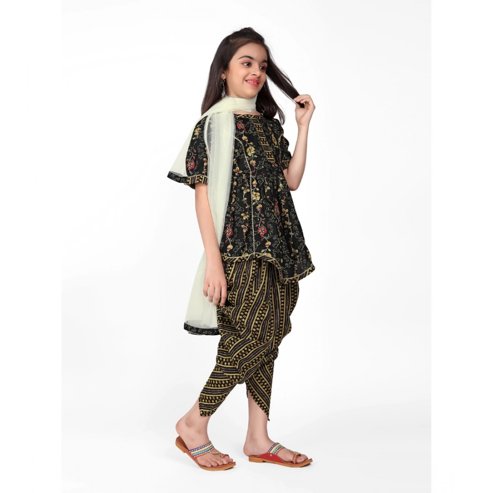 Girl's Cotton Printed Kurtis With Dhoti Dupatta Set (Black) - Image 5