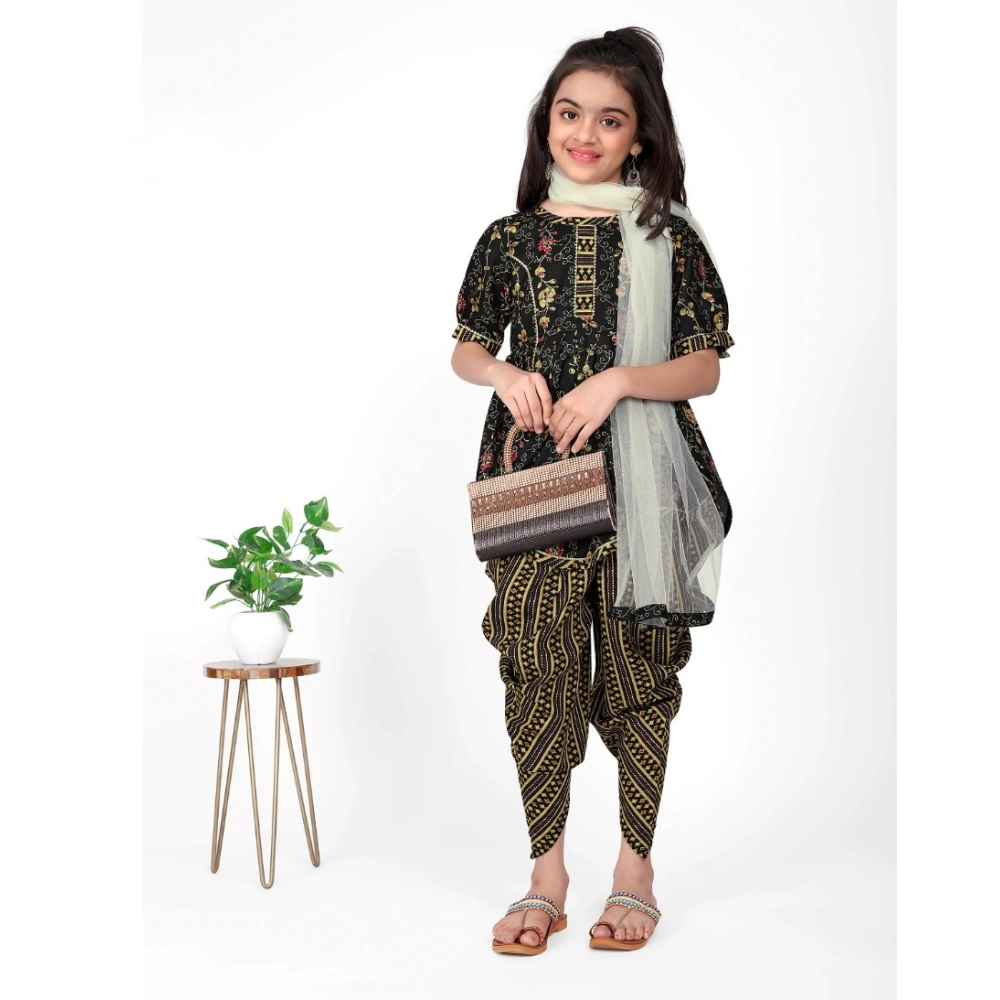 Girl's Cotton Printed Kurtis With Dhoti Dupatta Set (Black) - Image 4
