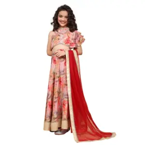 Girl's Chiffon Printed Lehenga Choli Set (Peach)