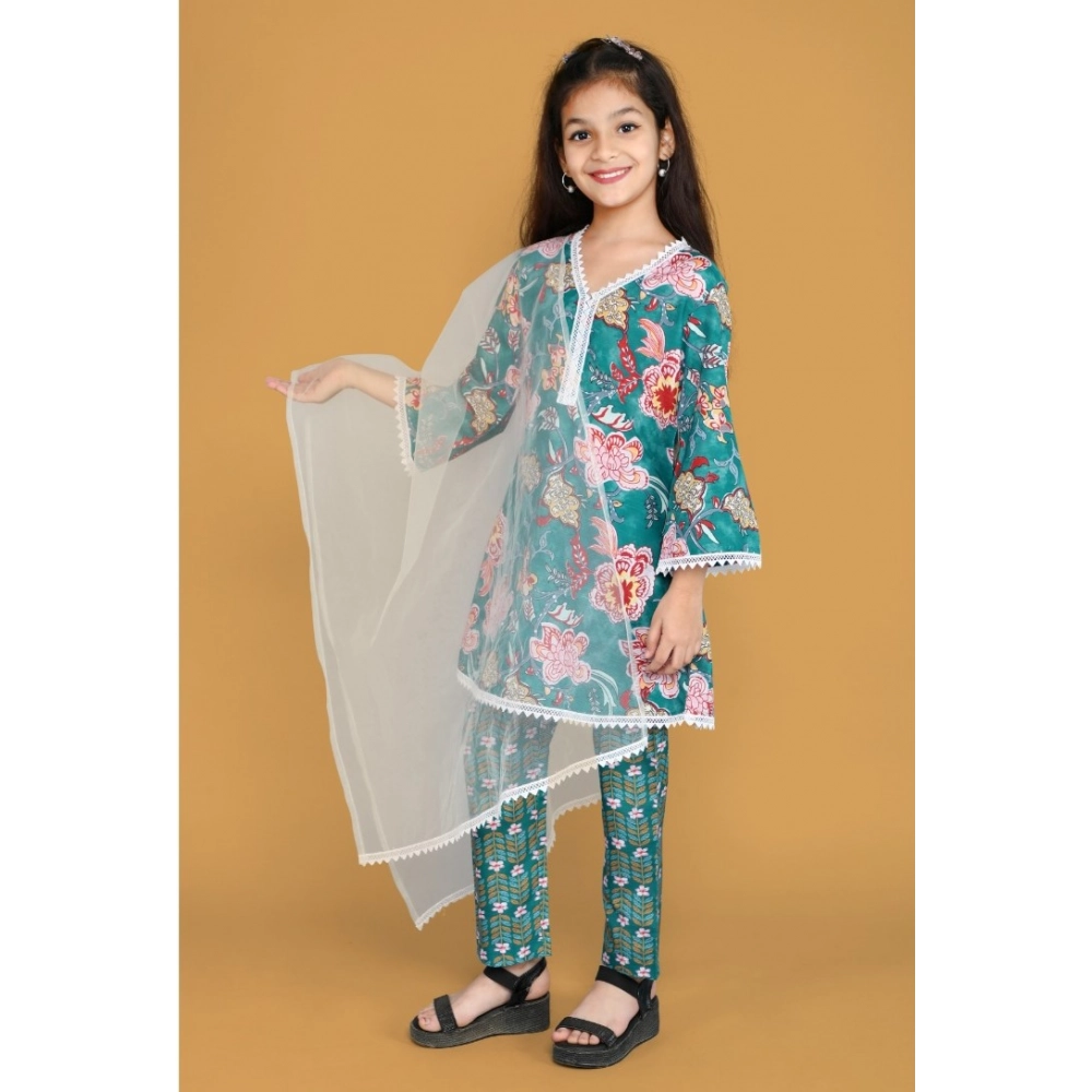 Girl's Silk Blend Floral Prinded Shiffli Lace Salwar Kameez Dupatta Set (Teal)