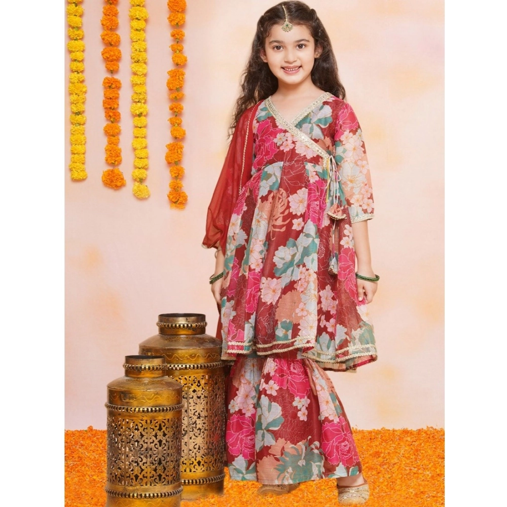 Girl's Rayon Printed Codding Lace Anarkali-Style Suit (Maroon) - Image 3