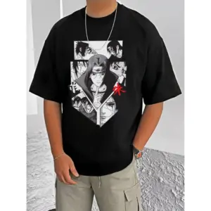 Men's Casual Cotton Blend Printed Round Neck Half Sleeve T-Shirt (Black)