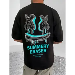 Men's Casual Cotton Blend Printed Round Neck Half Sleeve T-Shirt (Black)