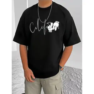 Men's Casual Cotton Blend Printed Round Neck Half Sleeve T-Shirt (Black)