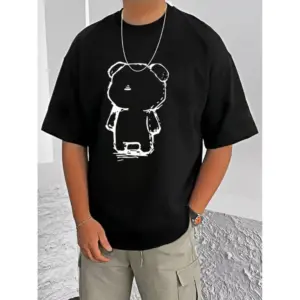 Men's Casual Cotton Blend Printed Round Neck Half Sleeve T-Shirt (Black)